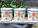 Pflanzset mit ovalem Tablett & 3 Pflanztöpfen (30 x 9 x 10 cm), Pflanzset 4 teilig - Handbemalte Bunzlauer Keramik